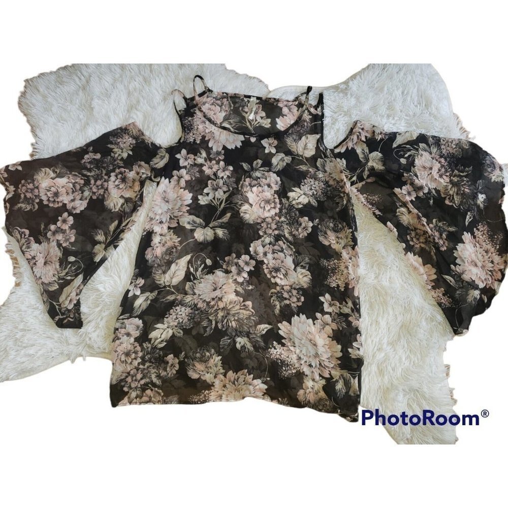 Floral Sheer Tunic Blouse  Boho Festival Cold Shoulder Medium Black Pink Yahada